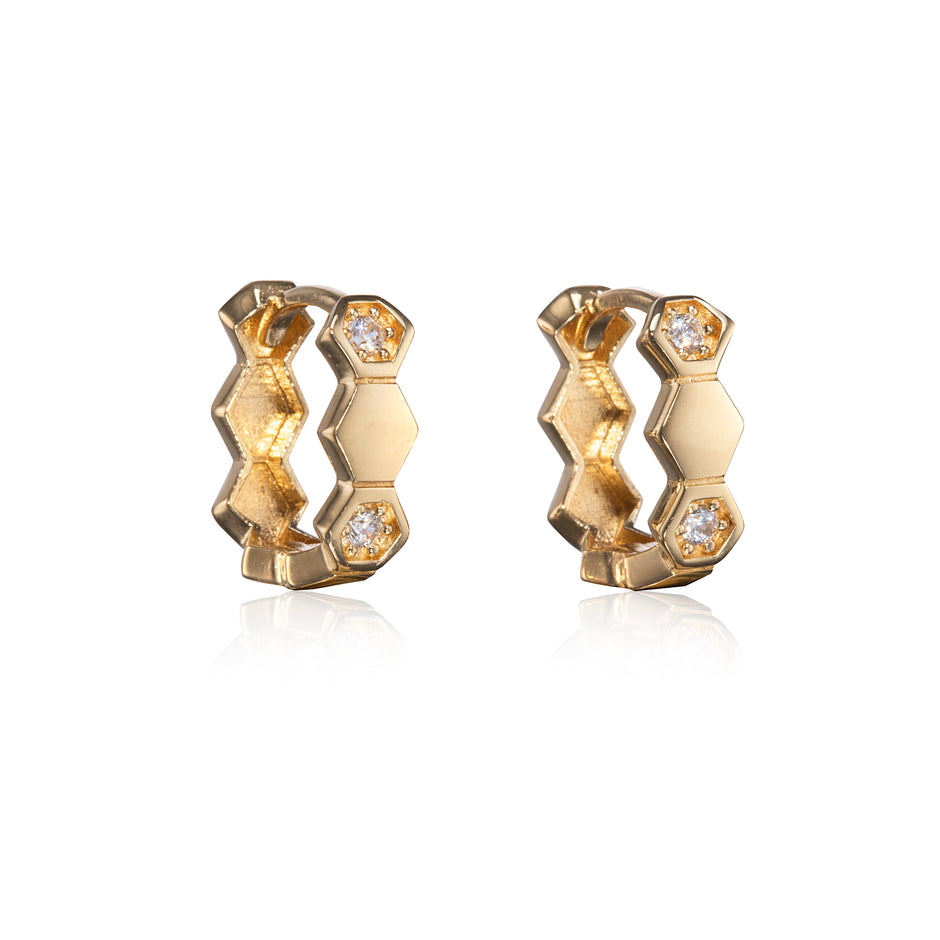 18ct Yellow Gold Hexagon Detail Huggie Earrings