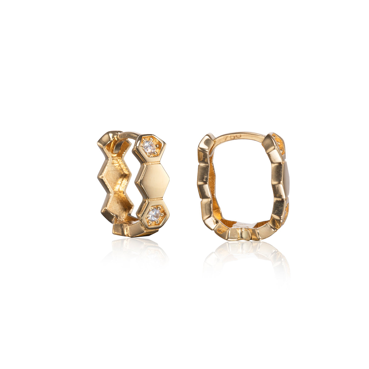 18ct Yellow Gold Hexagon Detail Huggie Earrings