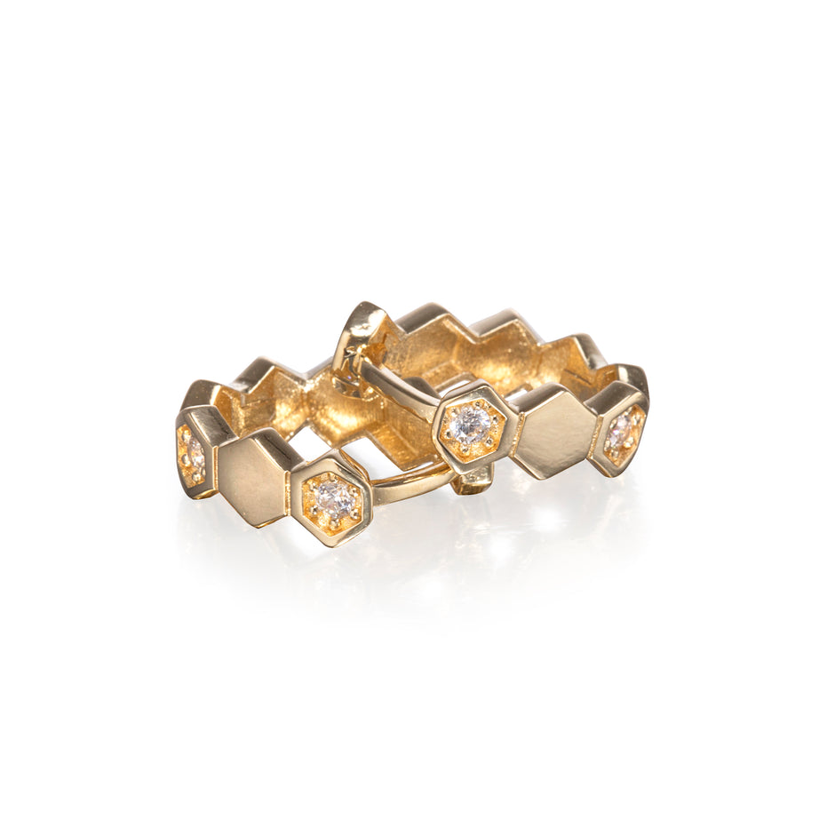 18ct Yellow Gold Hexagon Detail Huggie Earrings