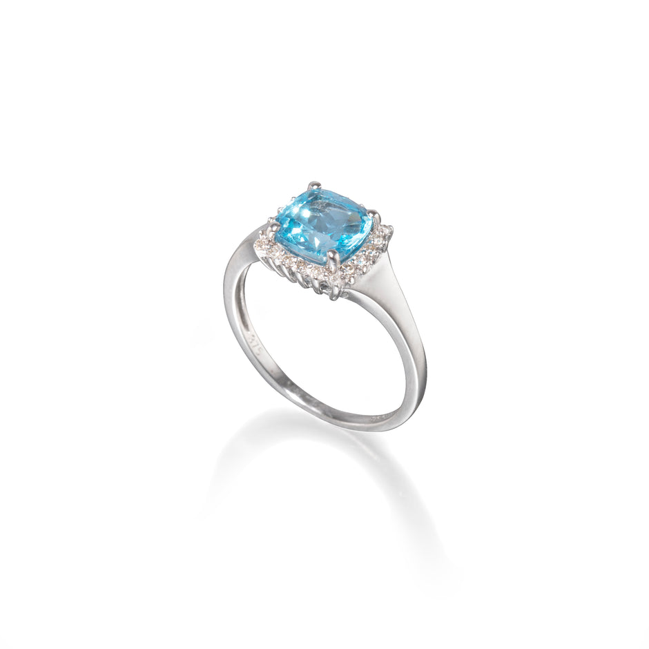 Browns 9ct White Gold Cushion Cut Topaz Halo Ring