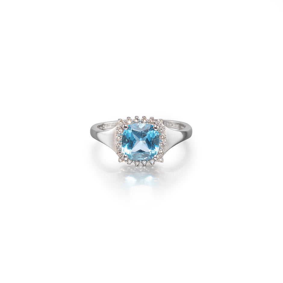 Browns 9ct White Gold Cushion Cut Topaz Halo Ring