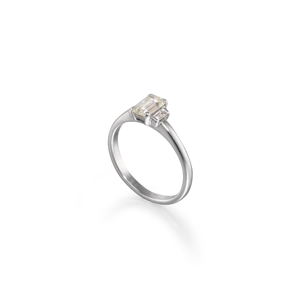 18ct White Gold Emerald and Baguette Cut Diamond Trilogy Ring