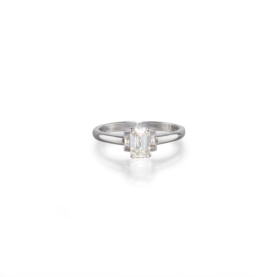 18ct White Gold Emerald and Baguette Cut Diamond Trilogy Ring