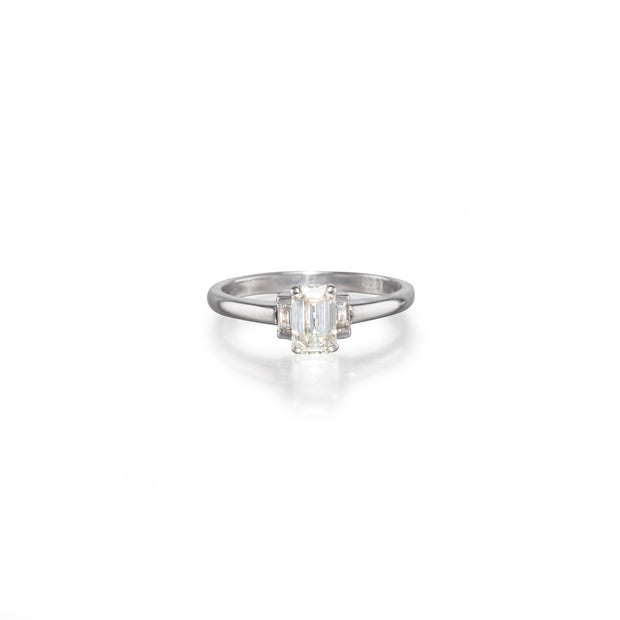 18ct White Gold Emerald and Baguette Cut Diamond Trilogy Ring