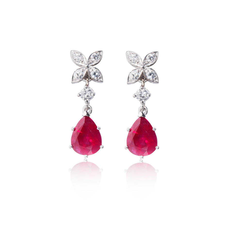 18ct White Gold Ruby and Diamond Flower Hanging Earrings