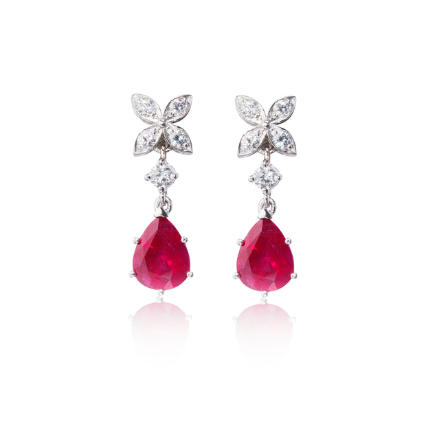 18ct White Gold Ruby and Diamond Flower Hanging Earrings