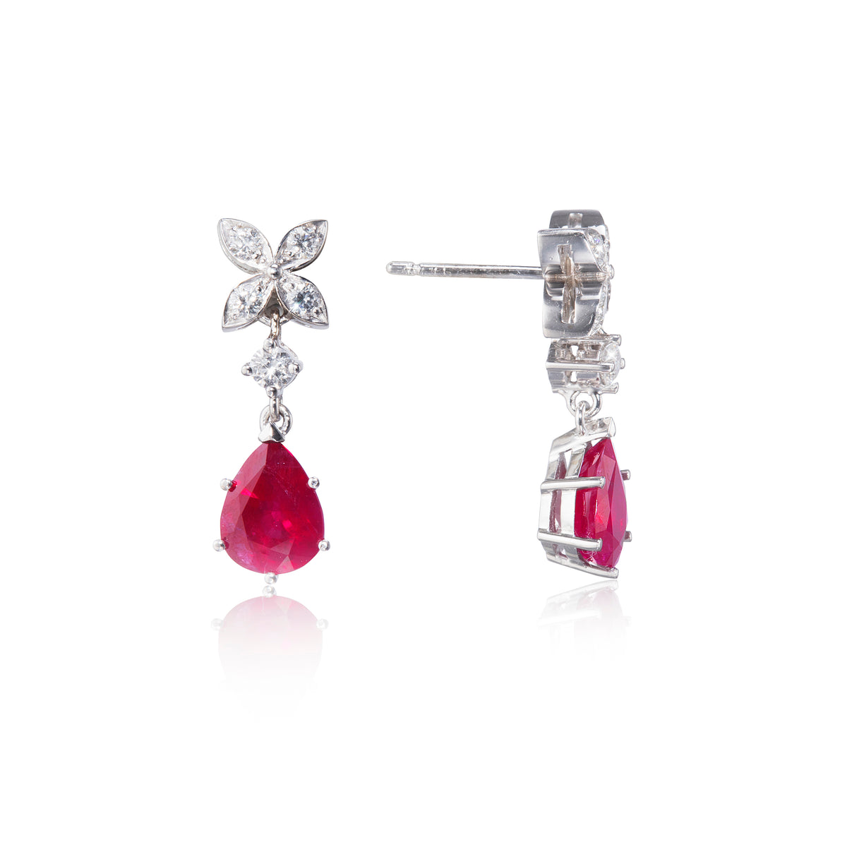 18ct White Gold Ruby and Diamond Flower Hanging Earrings