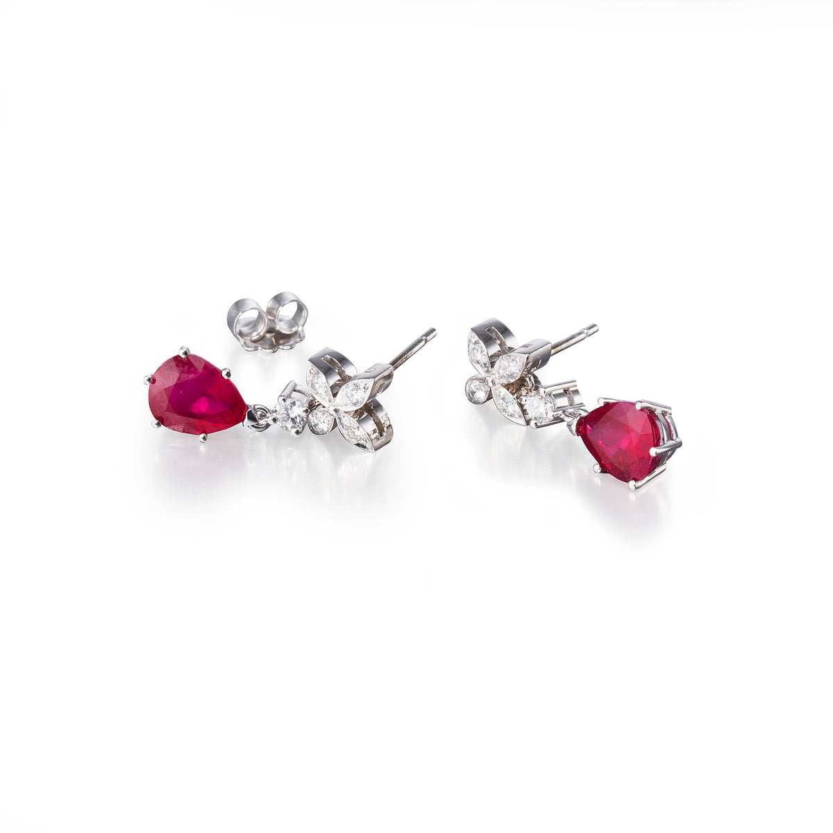 18ct White Gold Ruby and Diamond Flower Hanging Earrings