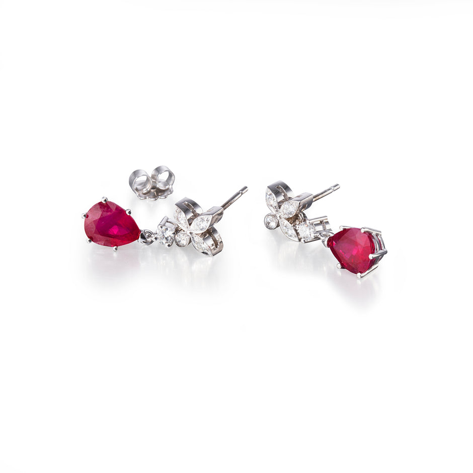 18ct White Gold Ruby and Diamond Flower Hanging Earrings