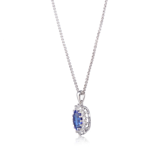 Browns 18ct White Gold Cluster Tanzanite and Diamond Pendant with a 18ct White Gold Chain