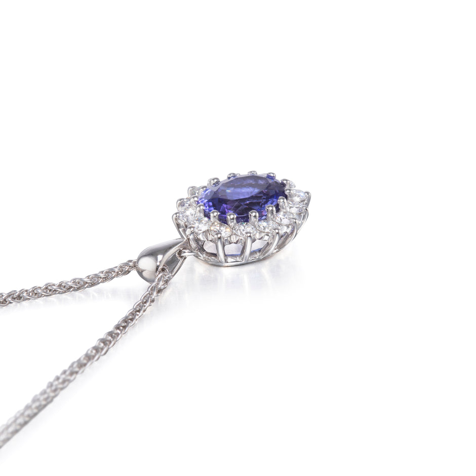 Browns 18ct White Gold Cluster Tanzanite and Diamond Pendant with a 18ct White Gold Chain