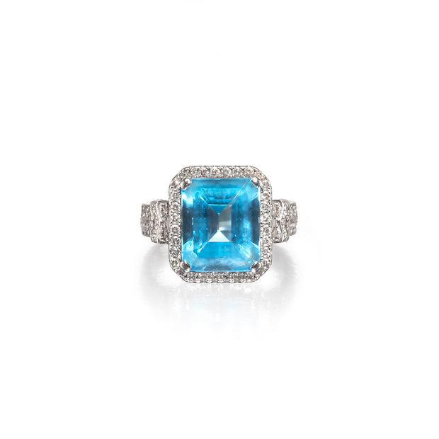 Vintage Style 9ct White Gold Blue Topaz Diamond Ring