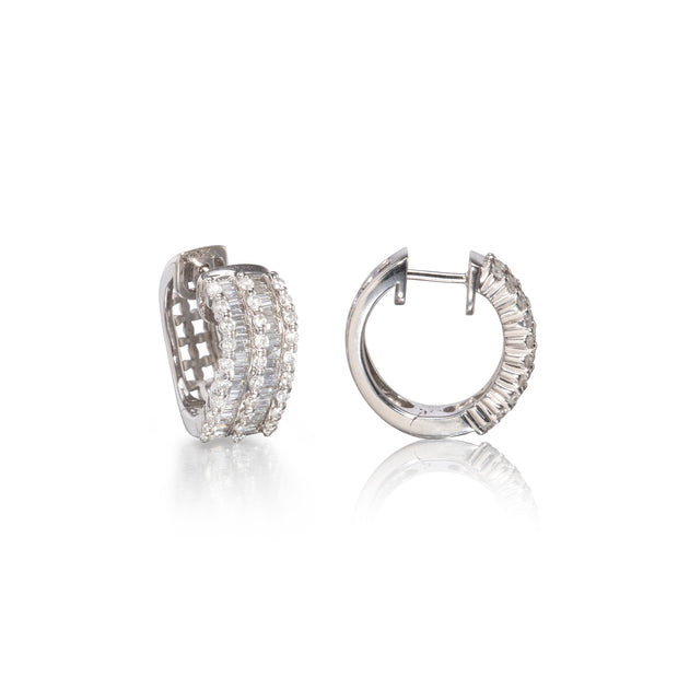 18ct White Gold Baguette and Round Brilliant Cut Diamond Huggie Earrings