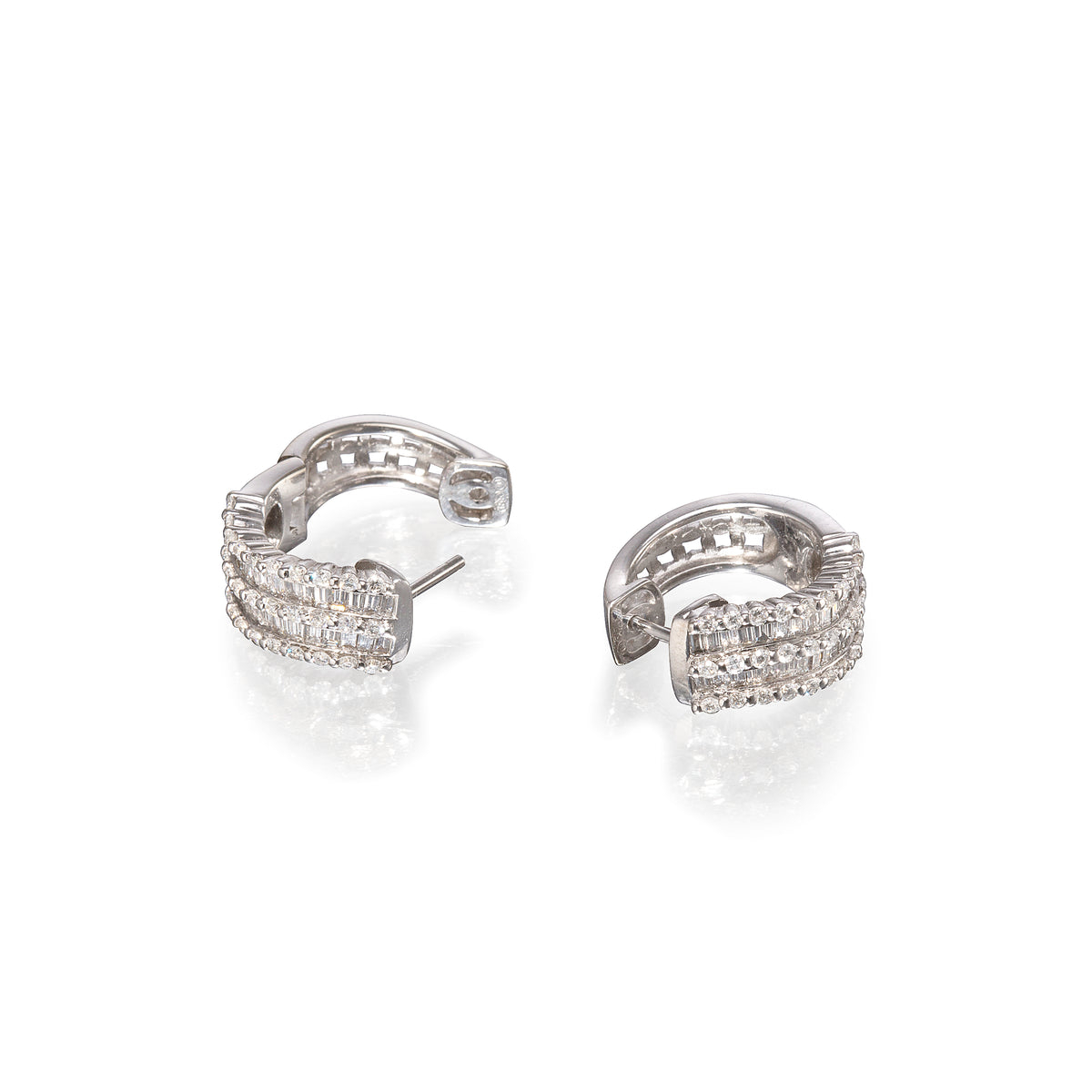 18ct White Gold Baguette and Round Brilliant Cut Diamond Huggie Earrings