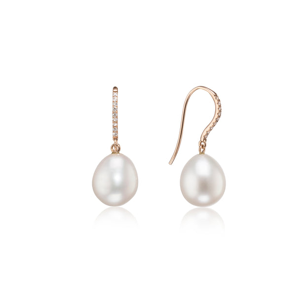 18ct Rose Gold Pearl Diamond Drop Earrings