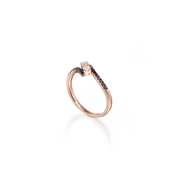 18ct Rose Gold Black and White Diamond Cross Over Ring