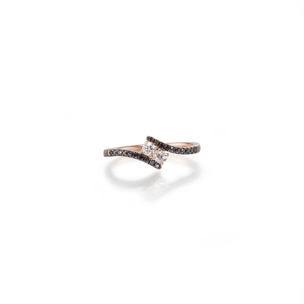 18ct Rose Gold Black and White Diamond Cross Over Ring