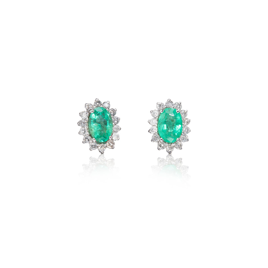 18ct White Gold Oval Cut Emerald and Diamond Cluster Earrings