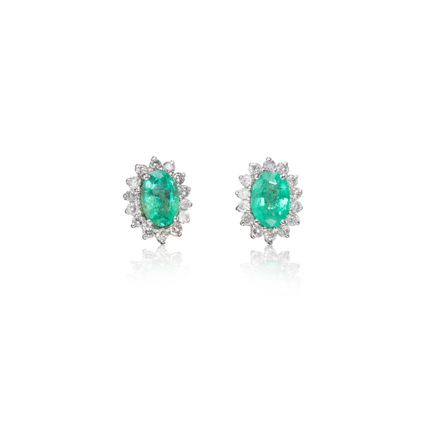 18ct White Gold Oval Cut Emerald and Diamond Cluster Earrings