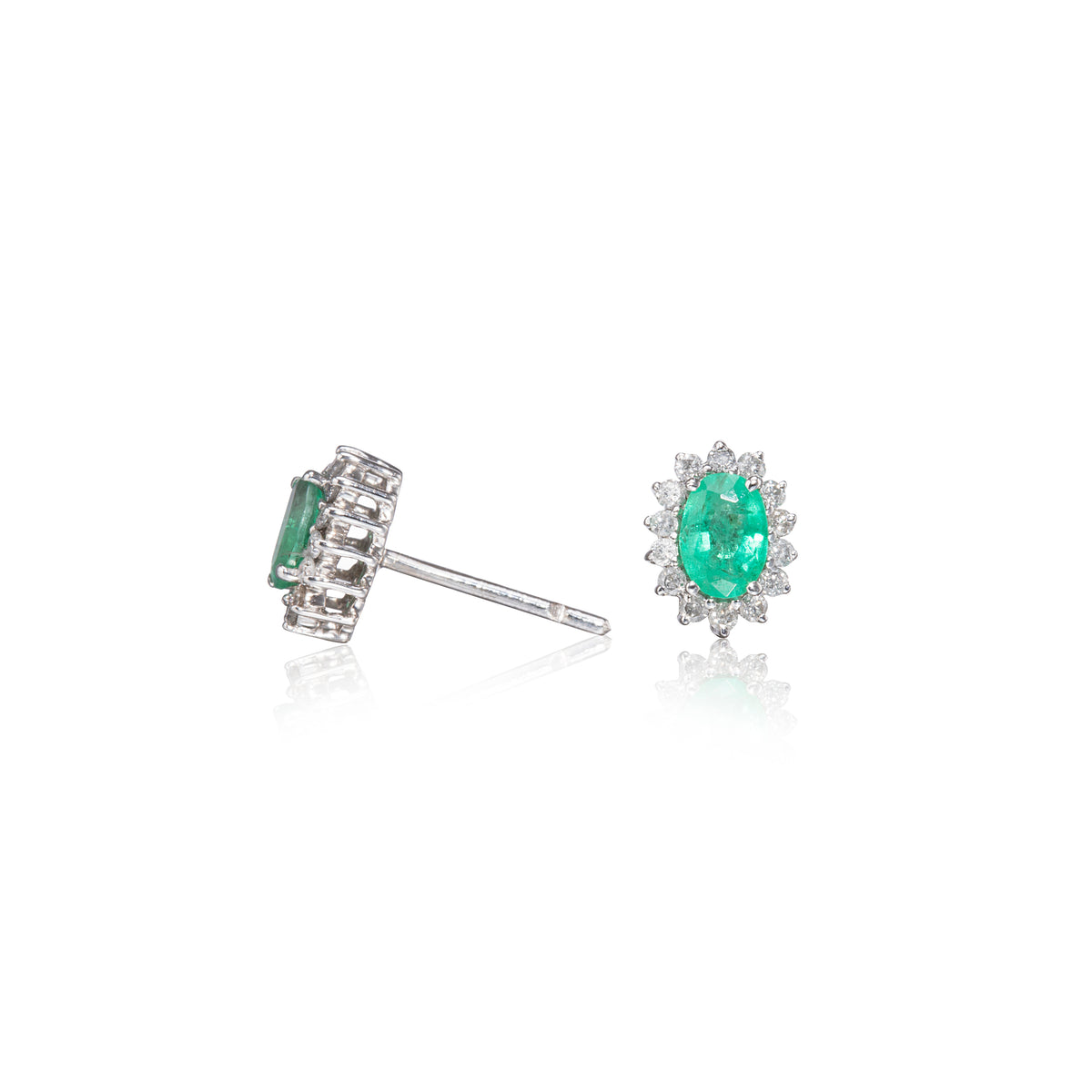 18ct White Gold Oval Cut Emerald and Diamond Cluster Earrings