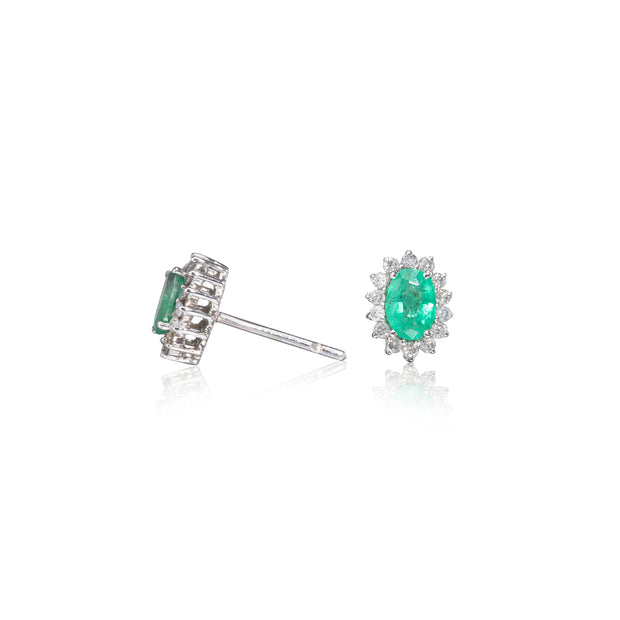 18ct White Gold Oval Cut Emerald and Diamond Cluster Earrings