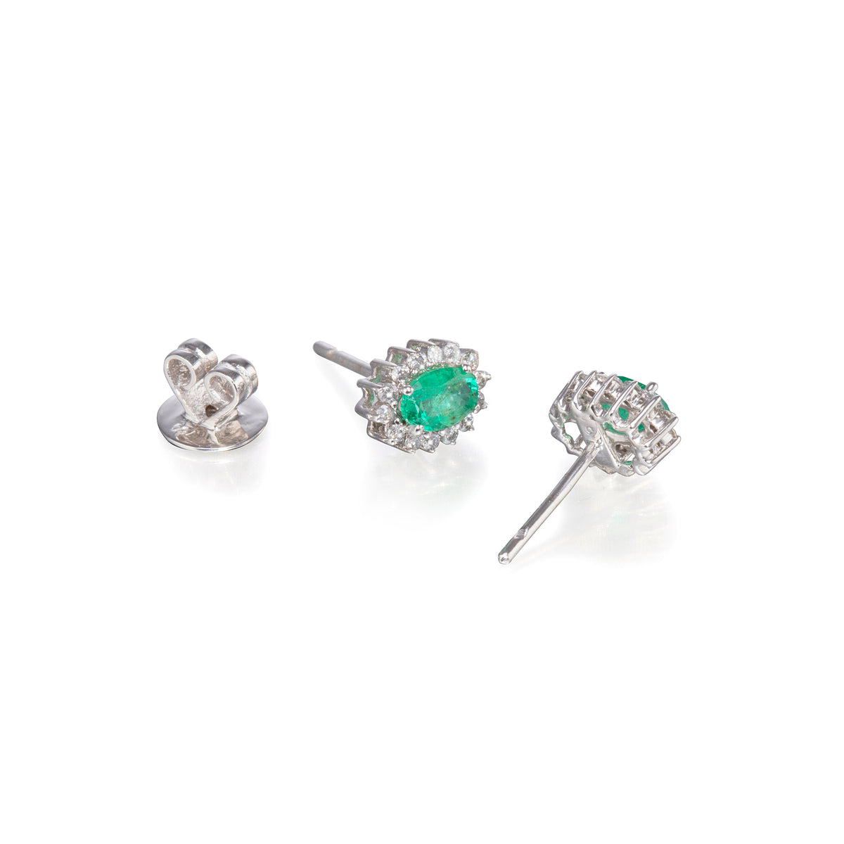 18ct White Gold Oval Cut Emerald and Diamond Cluster Earrings