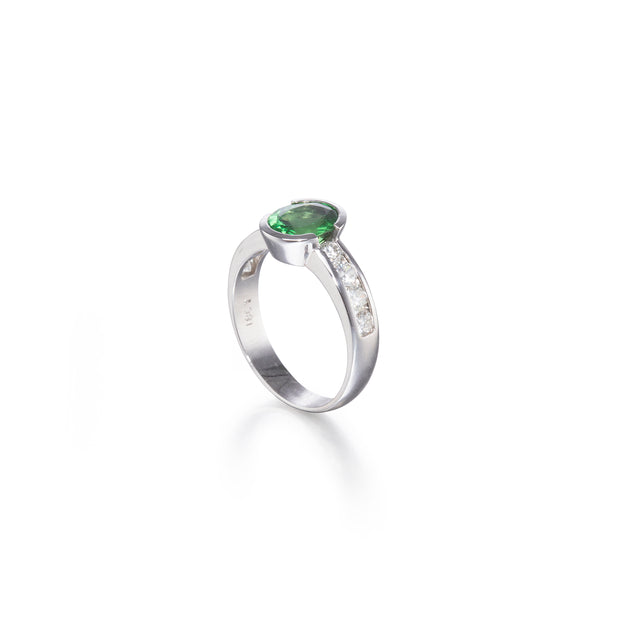 18ct White Gold Oval Cut Tsavorite Garnet and Diamond Ring