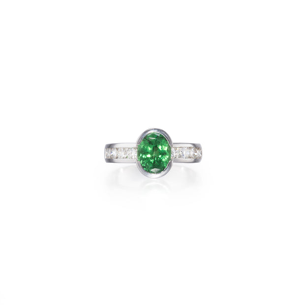 18ct White Gold Oval Cut Tsavorite Garnet and Diamond Ring