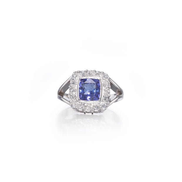 18ct White Gold Cushion Cut Tanzanite and Diamond Halo Ring