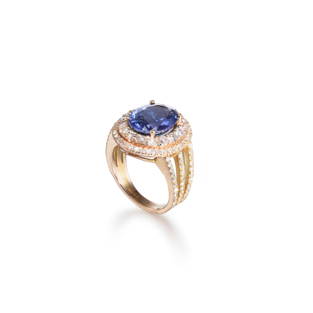18ct Rose Gold Oval Cut Tanzanite and Double Halo Diamond Ring