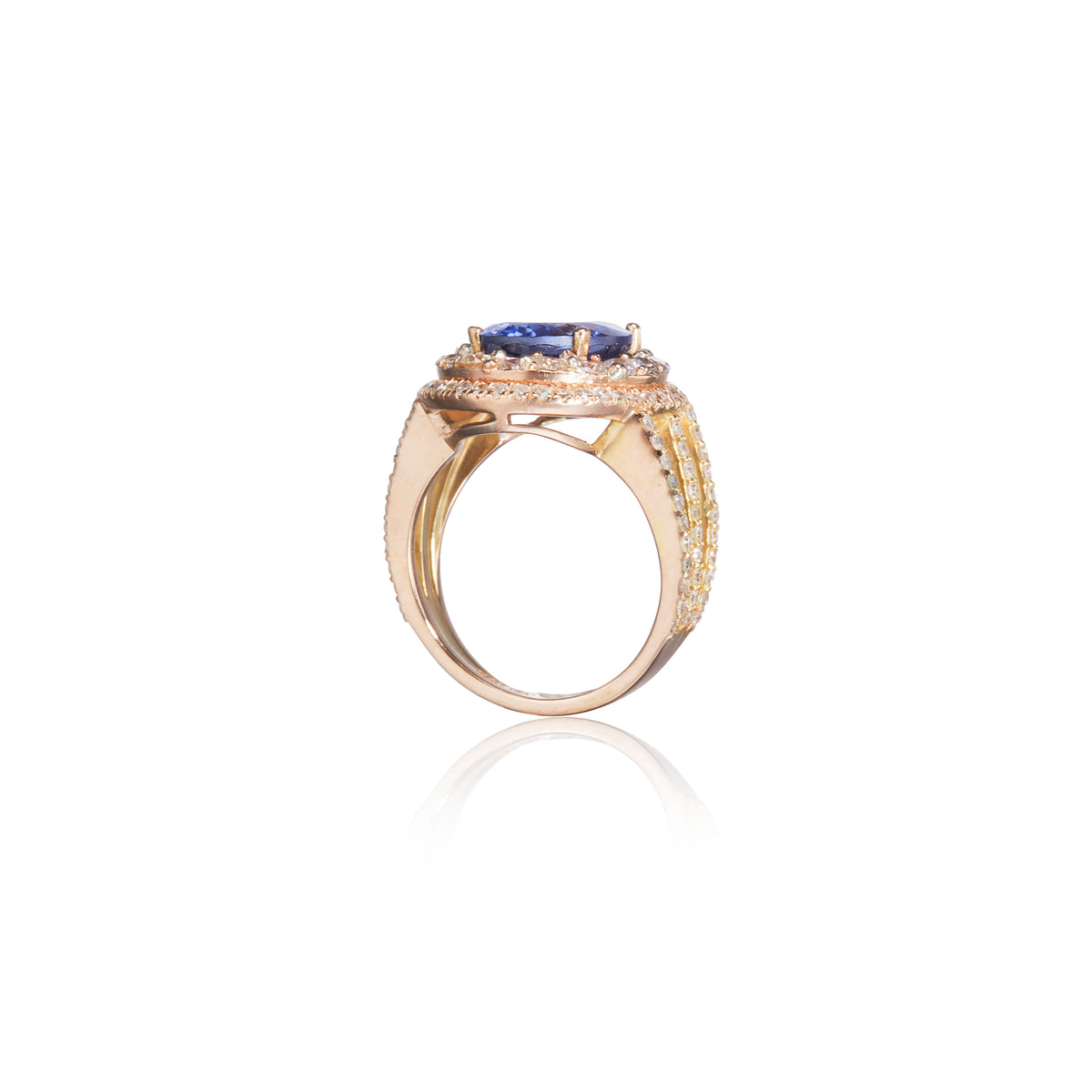 18ct Rose Gold Oval Cut Tanzanite and Double Halo Diamond Ring