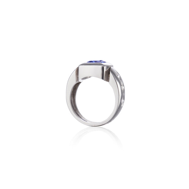 18ct White Gold Tube Setting Cushion Cut Tanzanite and Diamond Ring