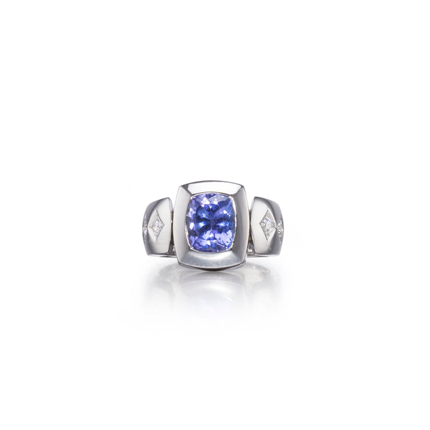 18ct White Gold Tube Setting Cushion Cut Tanzanite and Diamond Ring