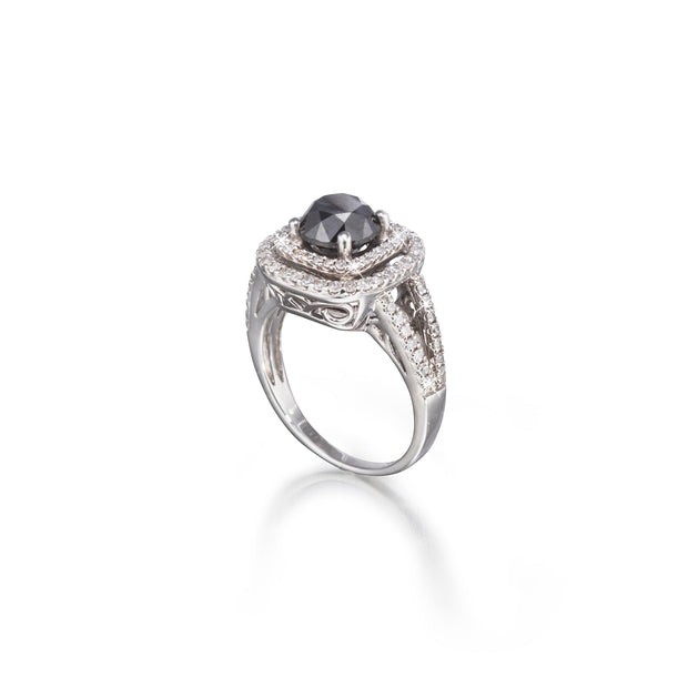 18ct White Gold Black Diamond Double Halo Ring