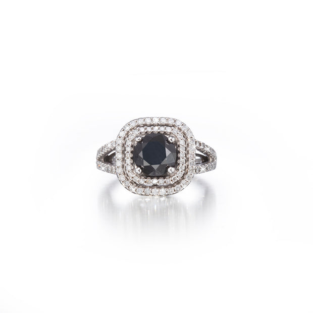 18ct White Gold Black Diamond Double Halo Ring