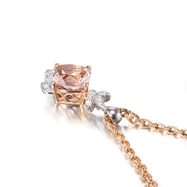18ct Rose Gold Chain Suspending a 18ct White and Rose Gold Morganite Diamond Pendant