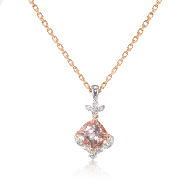 18ct Rose Gold Chain Suspending a 18ct White and Rose Gold Morganite Diamond Pendant