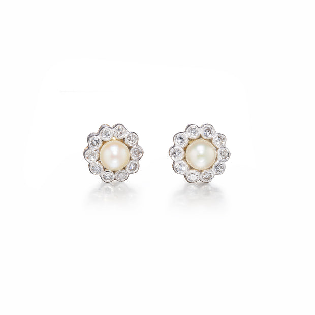 18ct White and Yellow Gold Vintage Pearl and Diamond Flower Earrings