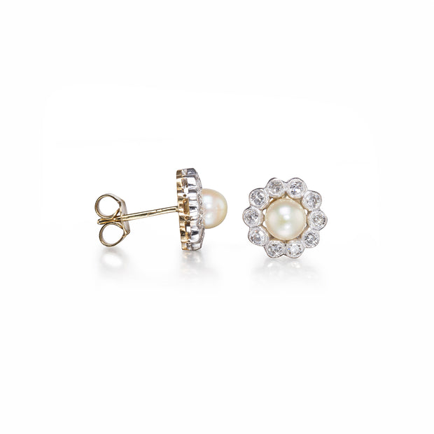 18ct White and Yellow Gold Vintage Pearl and Diamond Flower Earrings