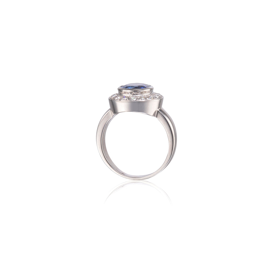 9ct White Gold Tanzanite and Diamond Bezel Setting Halo Ring