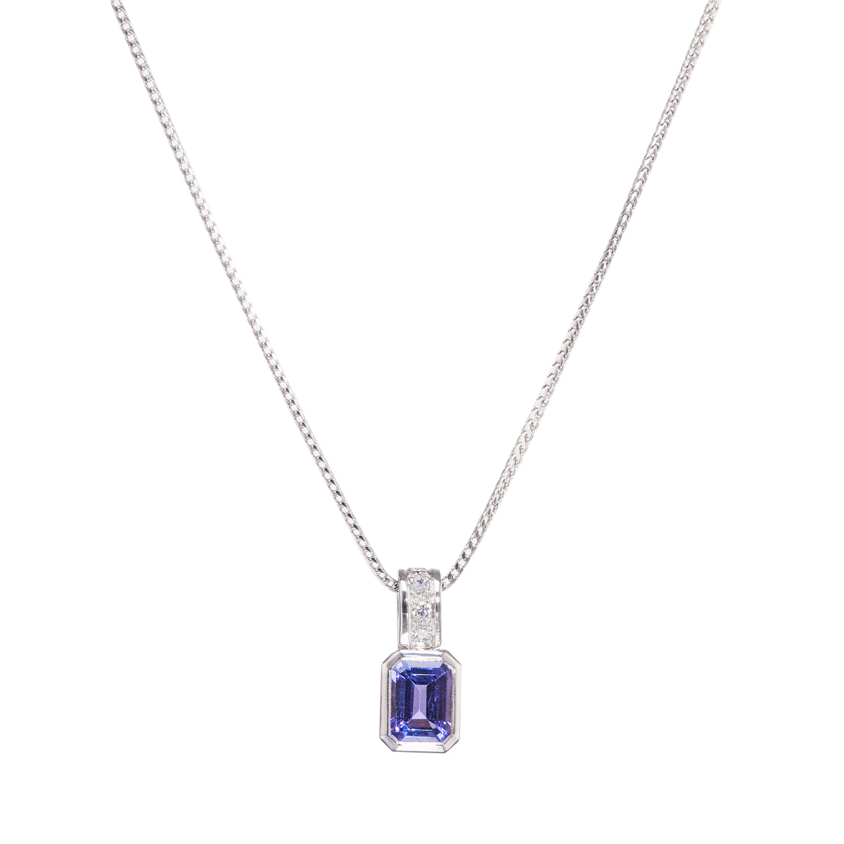 18ct White Gold Tanzanite and Diamond Tube Setting Pendant with a 18ct White Gold Chain