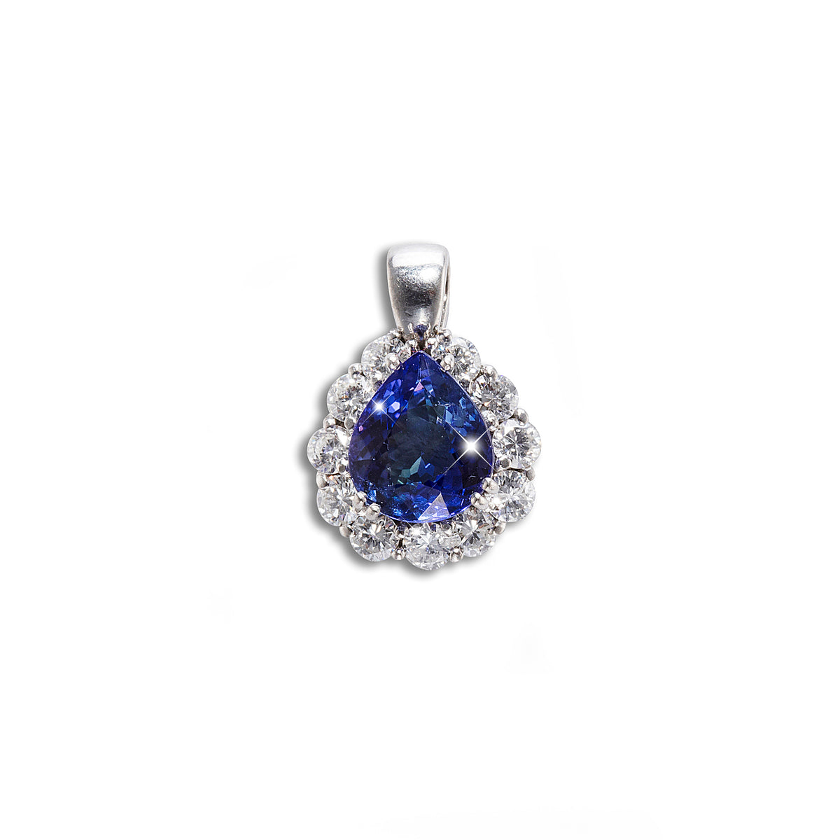 New 18ct White Gold E.G.L Certified Pear Shape Tanzanite and Diamond Pendant