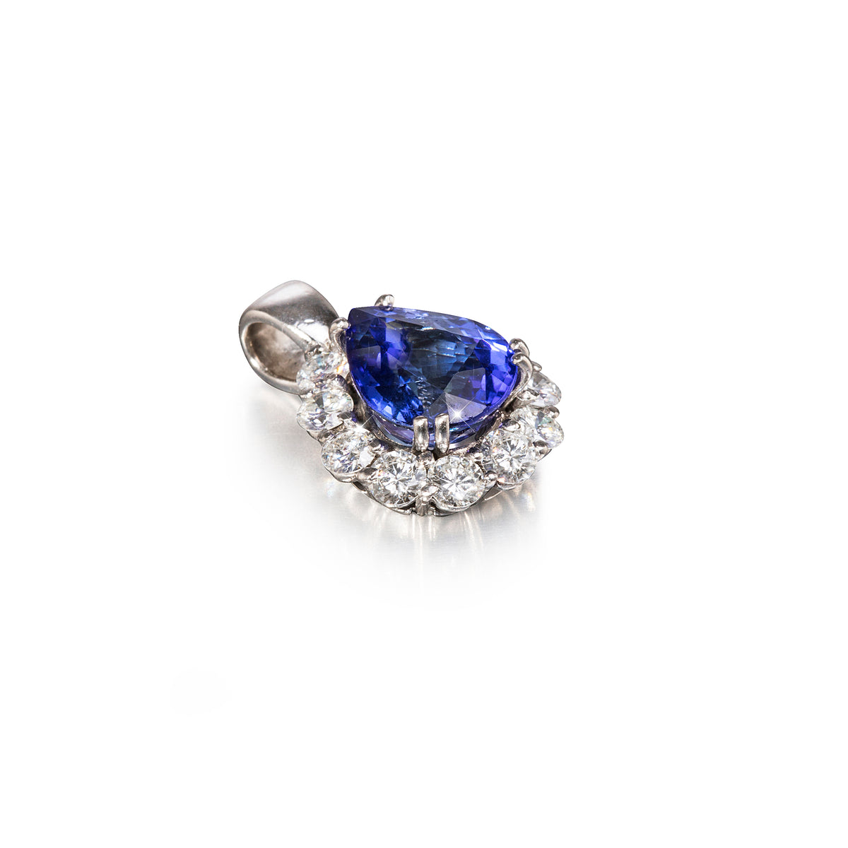 New 18ct White Gold E.G.L Certified Pear Shape Tanzanite and Diamond Pendant