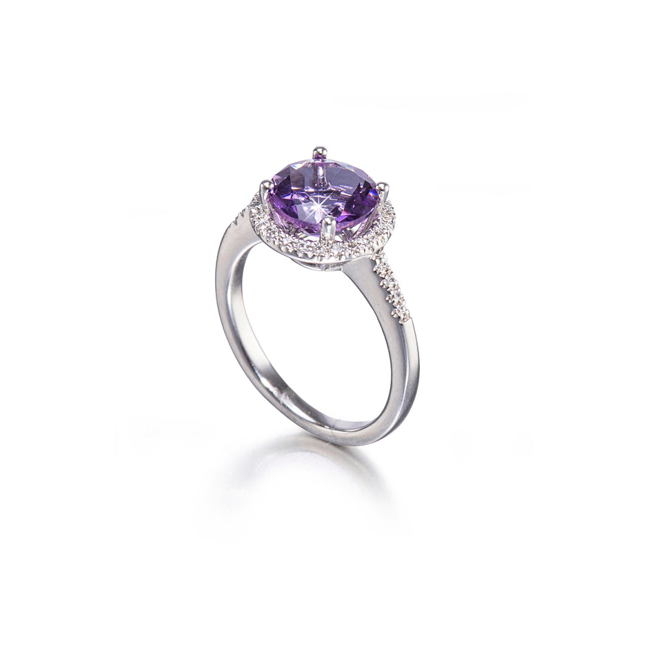 18ct White Gold Purple Quartz Halo Diamond Ring