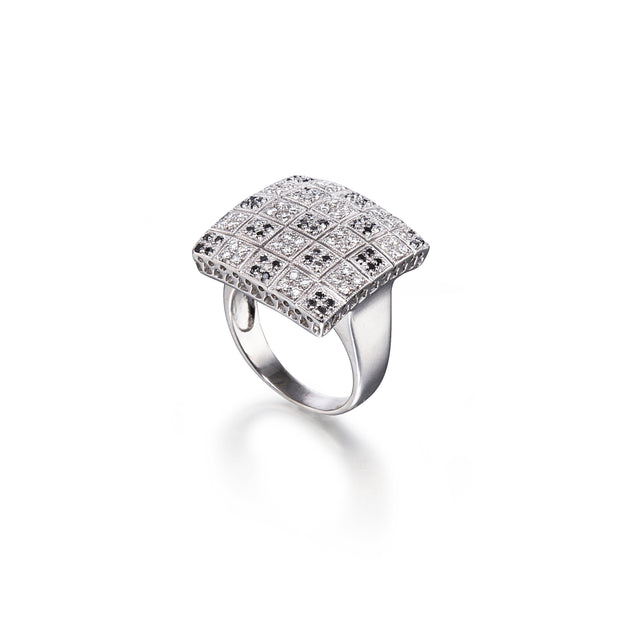 18ct White Gold Black and White Diamond Square Dress Ring