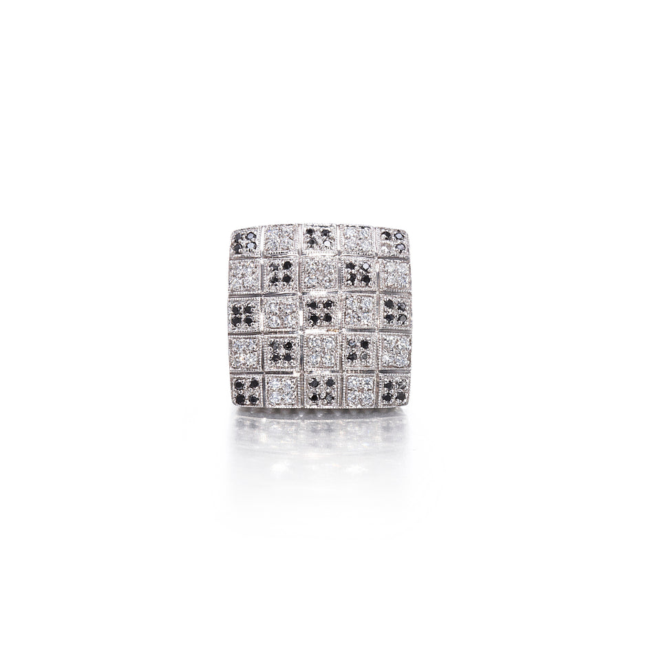 18ct White Gold Black and White Diamond Square Dress Ring