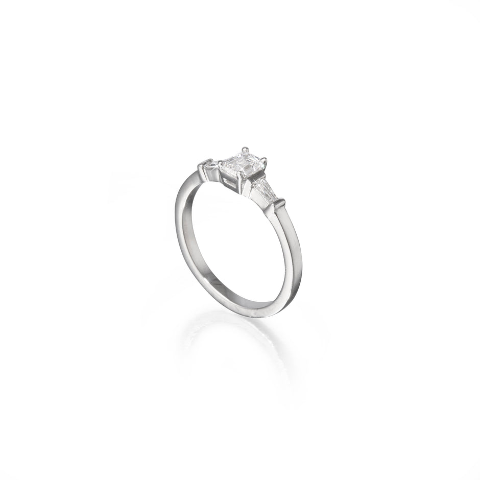 Platinum Emerald and Baguette Cut Diamond Trilogy Ring