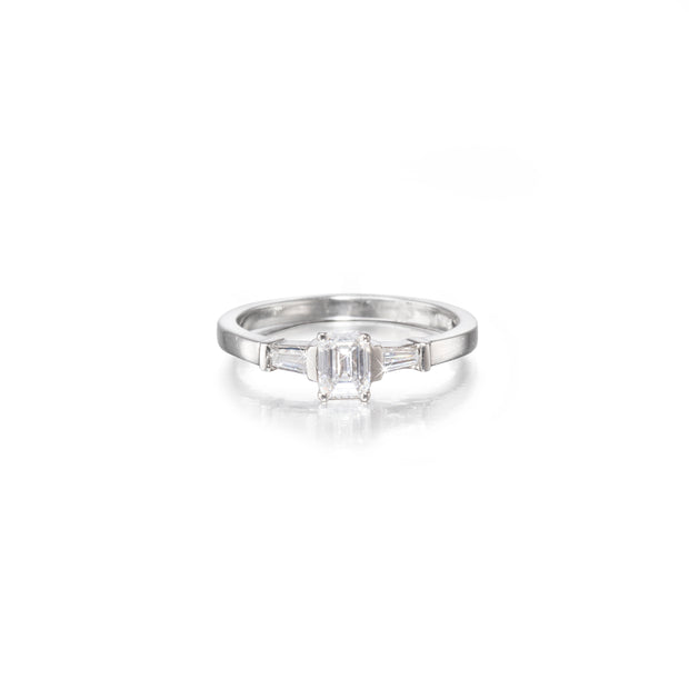 Platinum Emerald and Baguette Cut Diamond Trilogy Ring