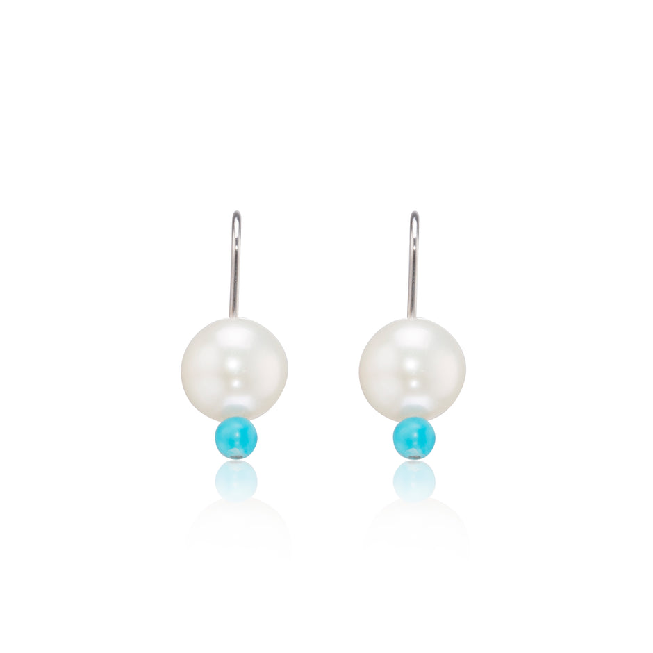 18ct White Gold Pearl and Turquoise Replica Hanging Earrings