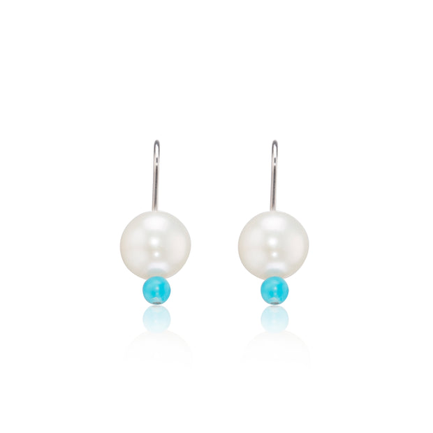 18ct White Gold Pearl and Turquoise Replica Hanging Earrings